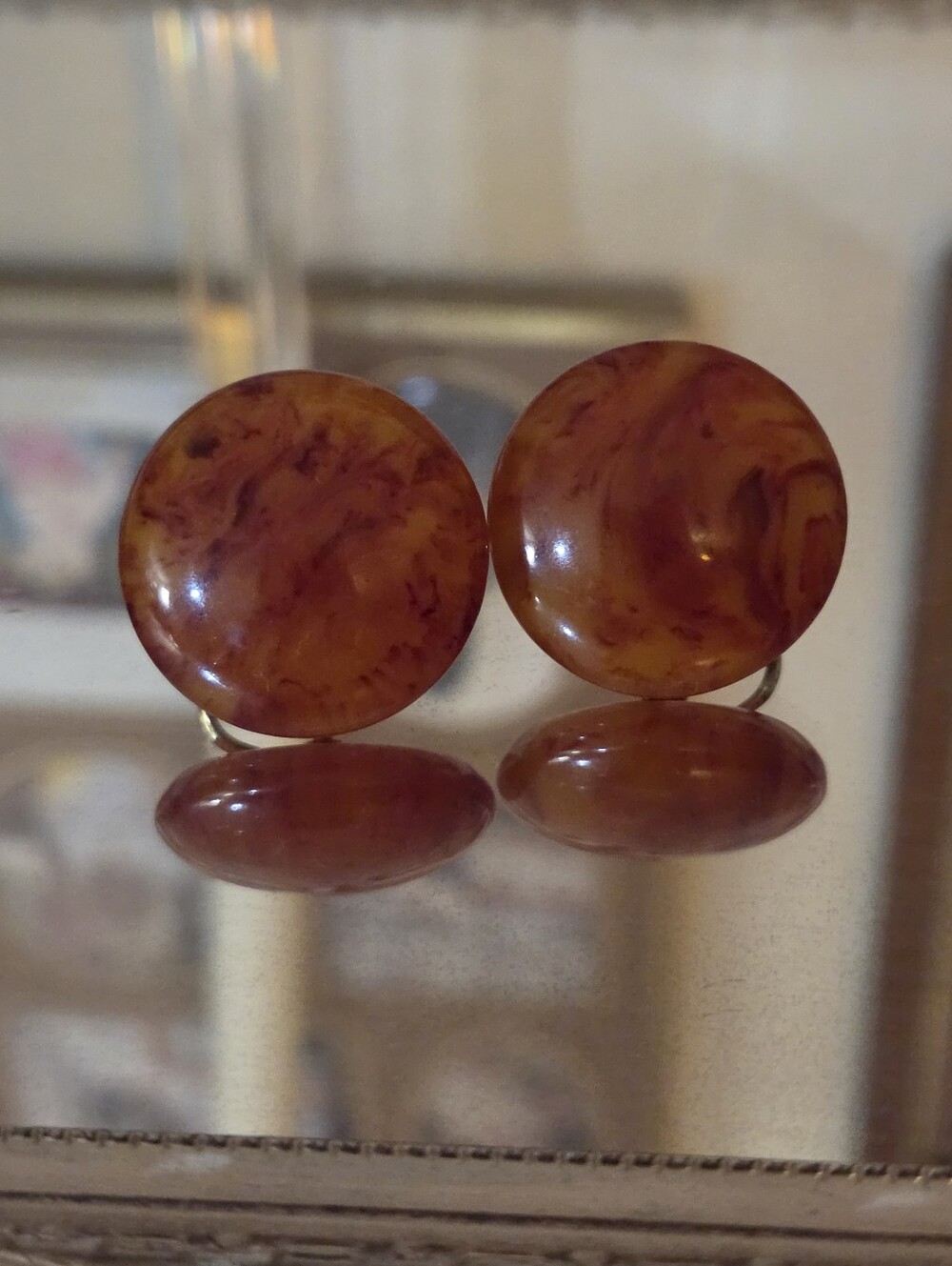 Vintage Root Beer Swirl Bakelite Clip On Earrings